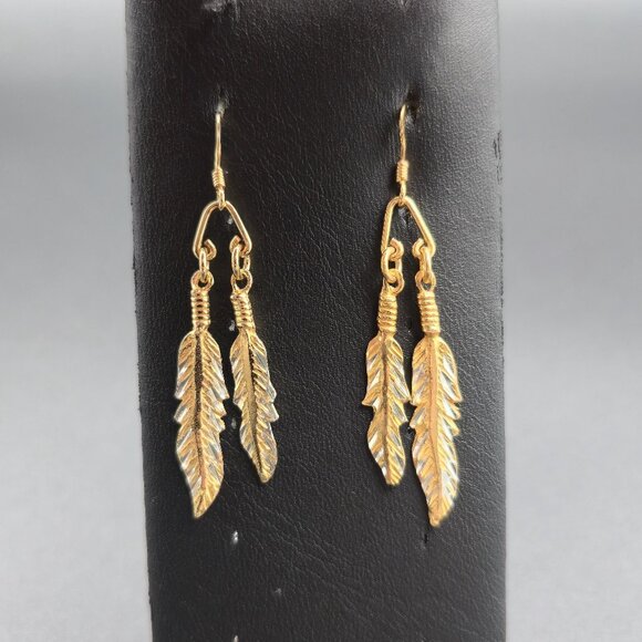 Gold Over Sterling Silver Double Feather Dangle Earrings A6433 - Picture 1 of 6